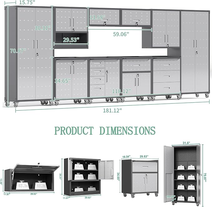 10-Piece Heavy Duty Steel Garage Cabinet System | All-in-One Modular Garage Cabinet Set for Ultimate Workshop Organization | Easy Assembly Garage Storage Cabinets & Tool Bench