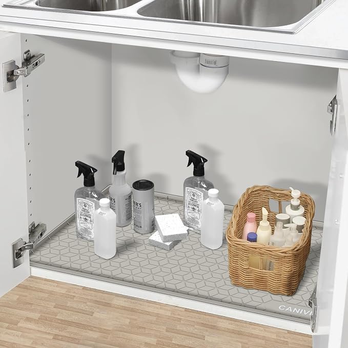 Under Sink Mat, 34"x22" Waterproof Tray for Cabinet, Holds 3 Gal | Silicone, Fits 36 inch Standard Cabinet,Leakproof & Easy Clean, Ideal for Kitchen & Laundry, Protects Shelf from Water Damage