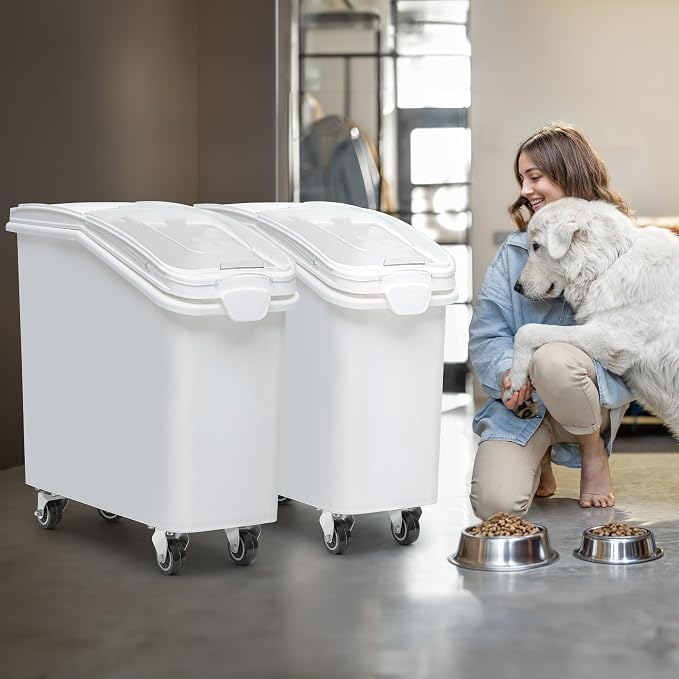 YITAHOME 27-Gallon Food Storage Container,Bulk Flour Bin, Large Ingredient Storage Bin with Wheels, Measuring Cup & Scoop, for Kitchen/Dining Room, Commercial Rice Container,2 count,White