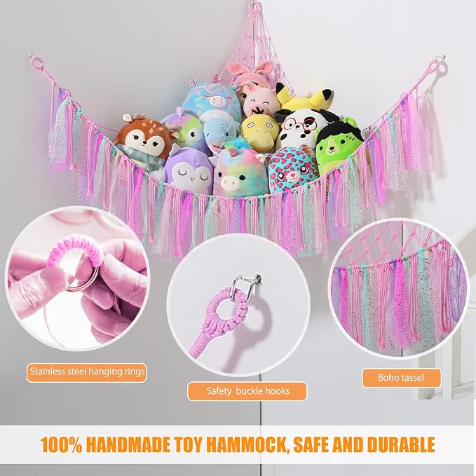 Stuffed Animal Storage Macrame Boho Plush Toy Net Hammock Room Decor | Stuffed Animals Hammock Plushie Net for Stuffed Animals Corner Hanging Holder Teddy Bear Net for Kids Girls Room Decor