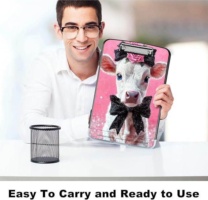 A4 Clipboard with Storage Pen Holder, Clipboards Organizer Nursing Clipboard Foldable File Folder Plastic Clipboard Folio Clip Board for Office Work Classroom Doctor, Pink Flower White Cow