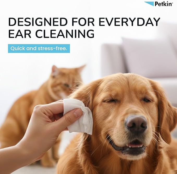 Petkin Jumbo Pet Ear Wipes, 80 Extra Moist Wipes - Soothing & Deodorizing Pet Ear Cleaner to Remove Dirt, Odor, & Wax - Safe, Convenient, & Easy to Use Pet Wipes for Dogs, Cats, Puppies & Kittens