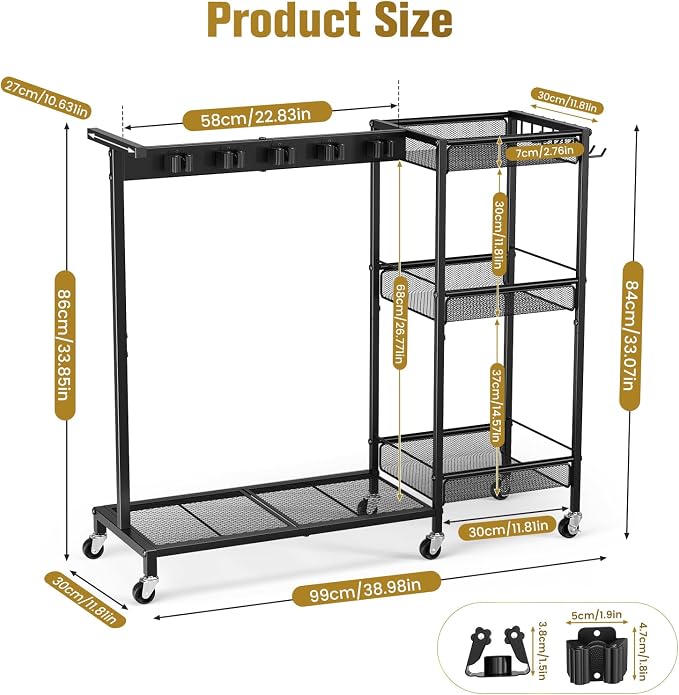 Broom Holder with Cleaning Supplies Organizer, Cleaning Utility Cart on Wheels, 10 Clips & 7 Hooks, 3-Tier Shelves, Broom Closet Storage Cabinet with Cleaning Caddy for Home Commercial Use
