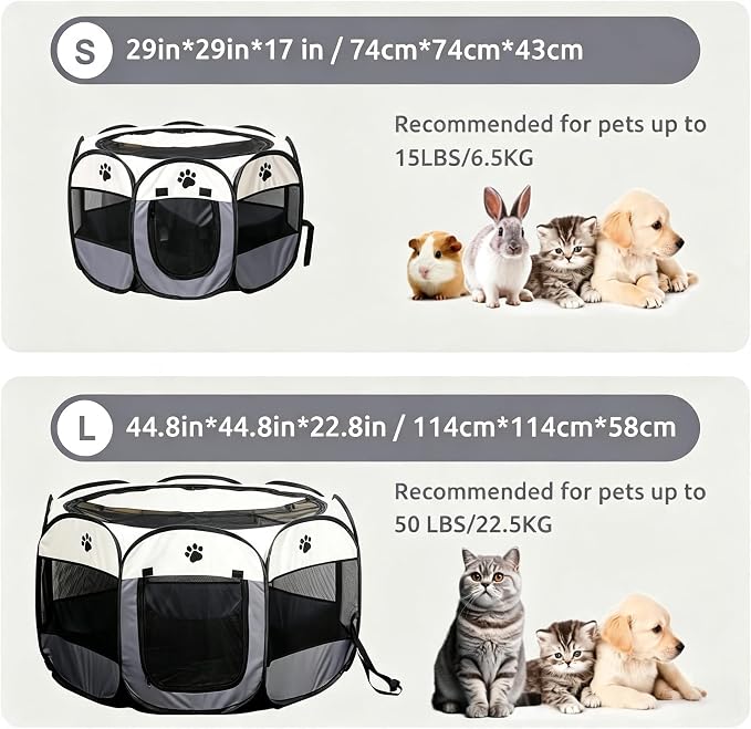 SENCONE Portable Pet Playpen for Cats, Kittens, Puppies, Indoor/Outdoor, L | Pop-Up/Fold-Flat Tent for Storage/Travel • Play & Exercise Pen for Small/Growing Pets • Recovery & Whelping Space • Grey