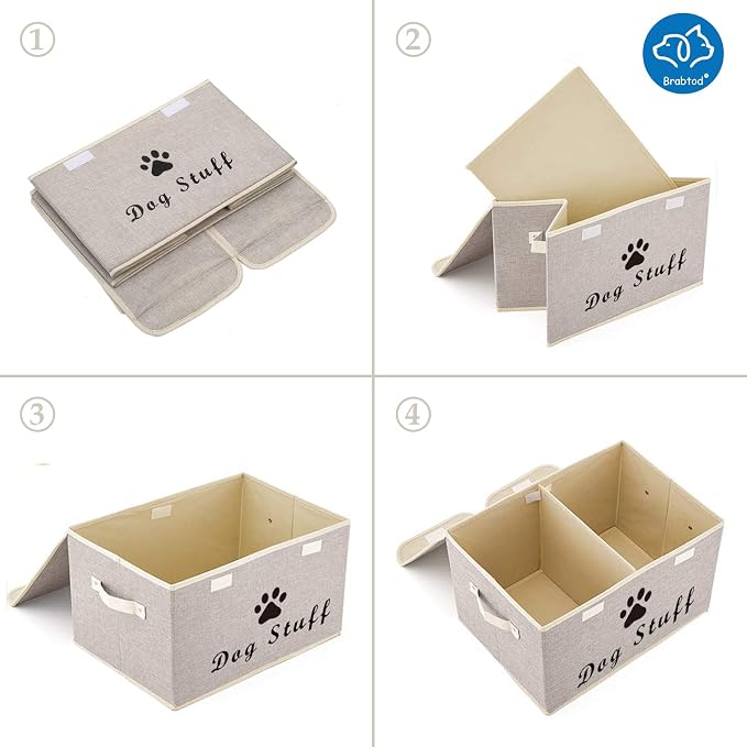 Large Dog Toys Storage Box Canvas Storage Basket Bin Organizer with Lid - Collapsible Linen Bin Ideal for Organizing Dog Cat Toys and pet Stuff-PP Boad-17" x 12" x 10" - Beige