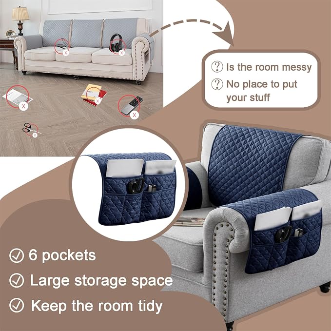 Water-Resistant Sofa Armrest and Headrest Covers with Side Pocket | Keep remotes close quilted polyester helps guard against wear, pet scratches, and kids' messes silicone backing adds grip