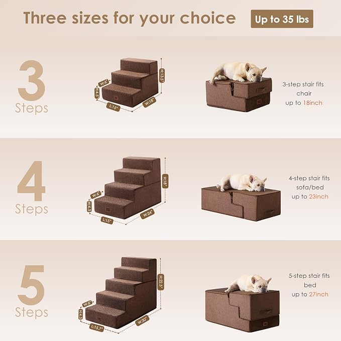 EHEYCIGA Dog Stairs for Bed 18" H, 4-Step Dog Steps for High Bed, Brown | Pet Steps for Small Dogs and Cats, Non-Slip Balanced Pet Ramp Indoor