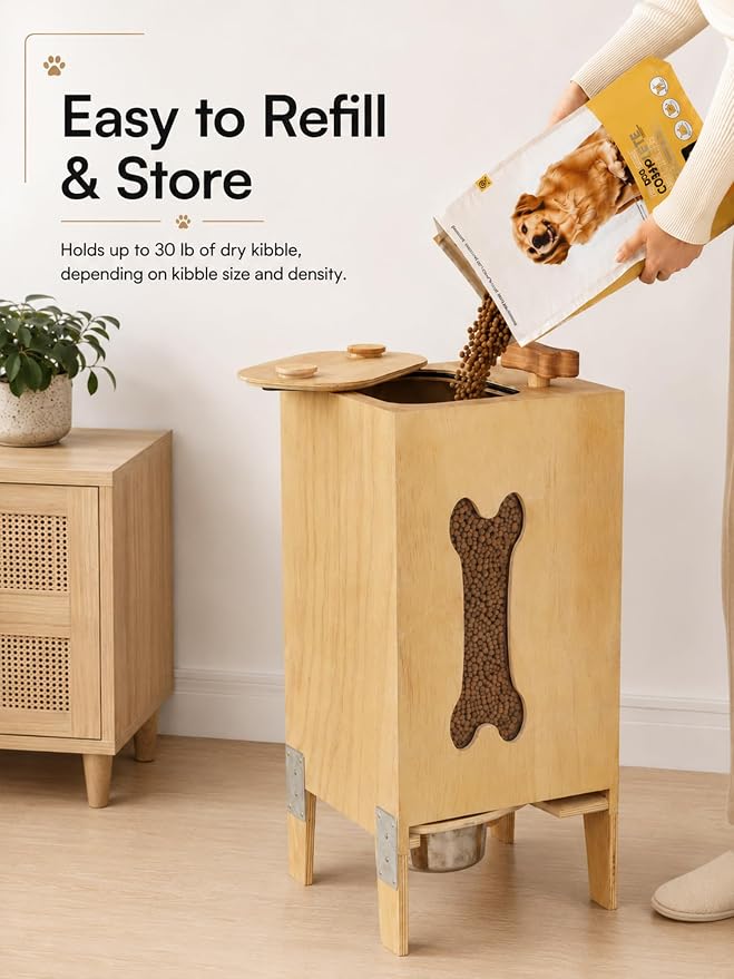 Wooden Dog Food Dispenser with Raised Bowl, Up to 30 lb Kibble Storage | Wooden Kibble Dispenser with Twist Knob. Furniture-Style Cabinet Stores Dry Food and Includes a Raised Steel Bowl.