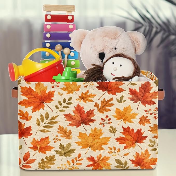 Leaf Fall Basket Storage Bins Rectangle Canvas Basket Cube Storage Box | Nursery Foldable Basket with Handle for Kids Girls Boys Toys Living Room Closet Organizer Shelf Gifts Autumn Fall