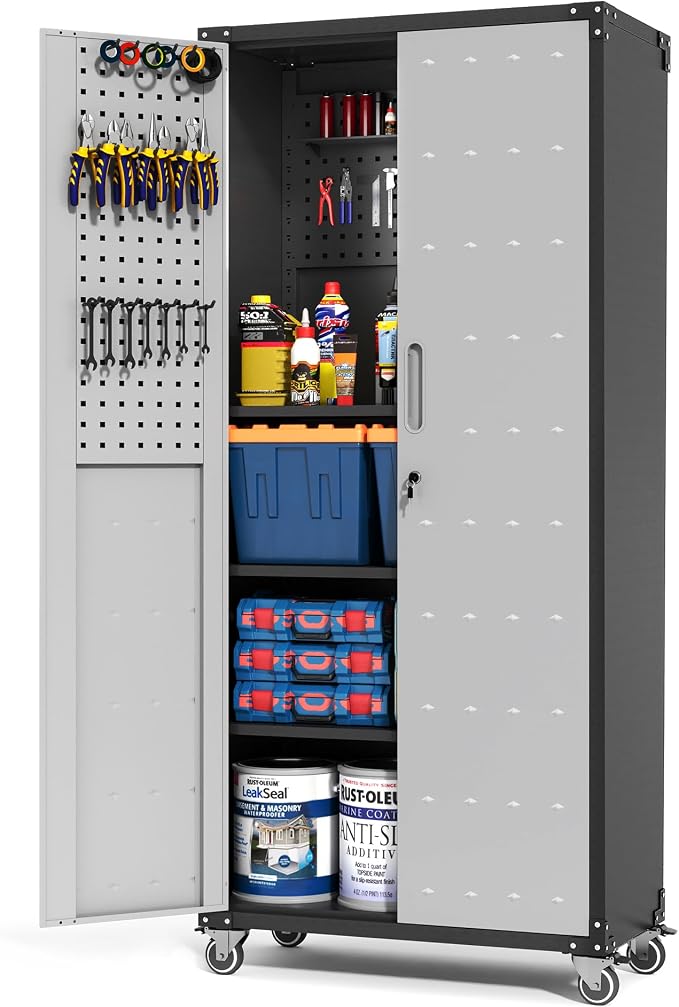 Metal Storage Cabinet for Garage, Tool Cabinet, Utility Cabinet | with Wheels, Tall Tool Cabinet, Lockable, 2 Doors, Adjustable Shelves, Pegboard, Assembly Required, Black & Grey