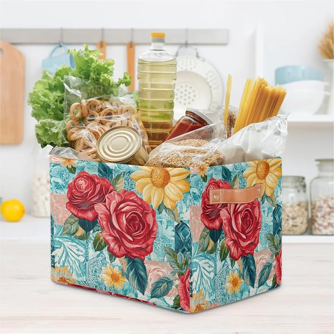 Teal Rose Floral Storage Baskets with Handles Fabric Storage Boxes Collapsible Nursery Basket for Shelf Book Cloth 15 X 11 X 9.5 IN Closet Organizer Bins