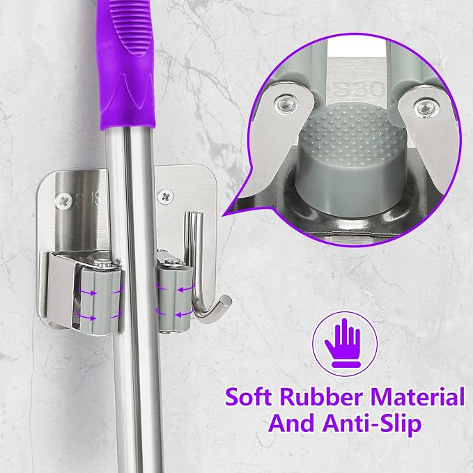 Broom Holder Wall Mount Screw Drilling, Sturdy Heavy Duty Stainless Steel Mop Gripper Rack Perforated, Perfect for Laundry Room Organizer, Fit with Laundry Kitchen Garage Garden Storage System | Drill-Mounted Gripper Rack Holds Brooms, Mops and Garden ...