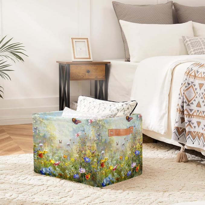 Storage Baskets Bin, Spring Wild Flowers Butterfly Collapsible Canvas Fabric Storage Bin Decorative Baskets Toy Organizer Rectangle Storage Boxes with Handles for Home Shelves Nursery,1Pack,A-696