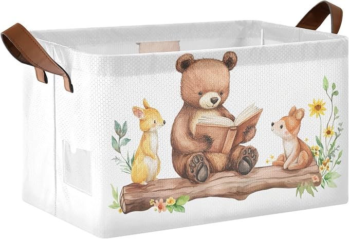 Cute Reading Bear Woodland Animal Storage Basket for Baby with Handles&Label Rectangular Waterproof Nursery Storage Bins Collapsible Organizer Baskets for Kids Cloth Gift Toys Laundry Shelf
