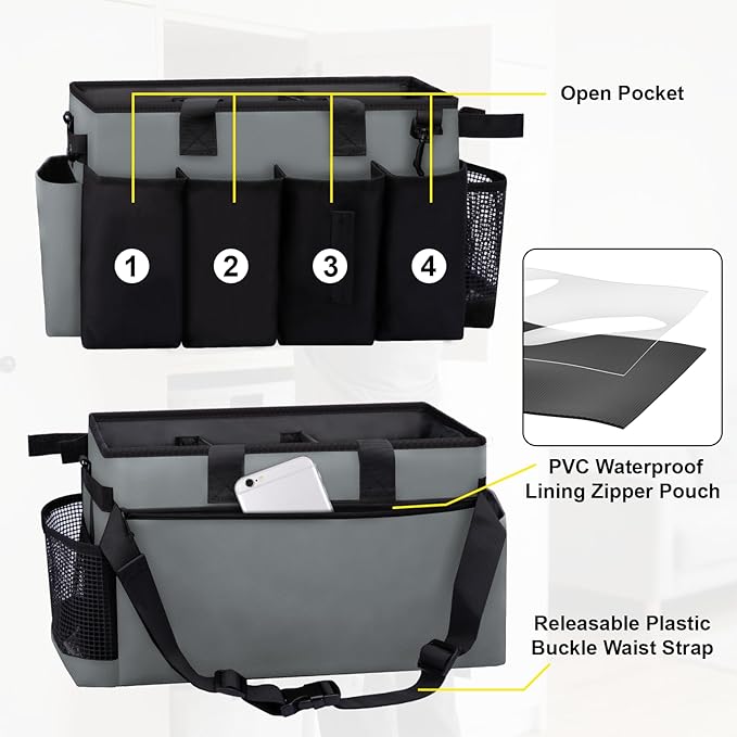 Wearable Large Cleaning Caddy Bag for Housekeepers (Black&Gray) | Cleaning Supplies Organizer with Adjustable Shoulder, Waist & Handle Straps, Detailing Bag for Kitchen Supplies