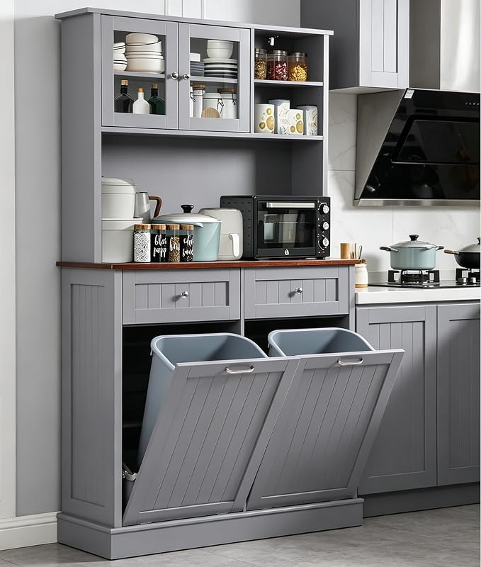 68.4" Kitchen Pantry Storage Cabinet, Freestanding Cupboard with Shelf, 2 Drawers and 2 Tilt Out Trash Cabinet, Tall Cabinets for Kitchen, Dinning Room, Living Room (Elegant Grey, Double Tilt)