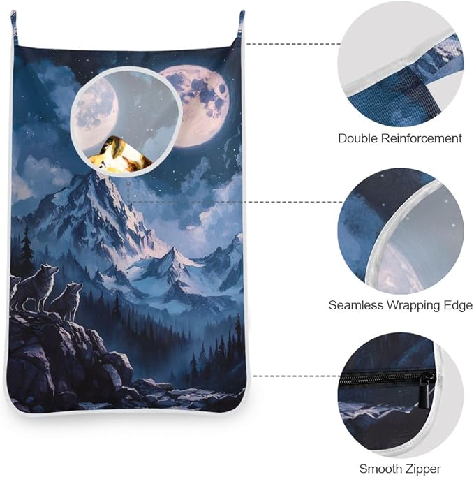 1PC Hanging Laundry Hamper Bag Over the Door Laundry Hamper Wall Hamper Large Dirty Clothes Hamper with Stainless Steel Hooks 29.5x20Inch Blue Wolf Moon