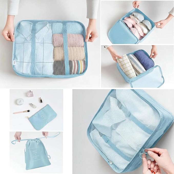 LANSKLBD 6/8 Set Packing Cubes for Suitcases Travel Luggage Packing Organizers,Travel Accessories Essentials Luggage Organizer with Shoe/Tioletry/Laundry Bag (Light Blue, 6 set)