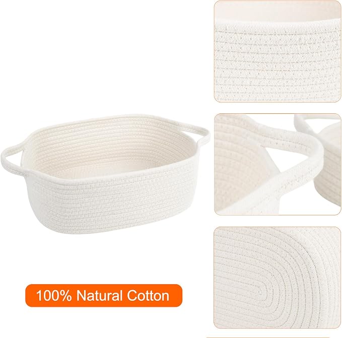 Cotton Rope Storage Basket with Handles, Natural Woven Basket, Decorative Rectangle Organizer Bin for Home, Nursery, Montessori, Dog Toy Storage and Bathroom Organization, White