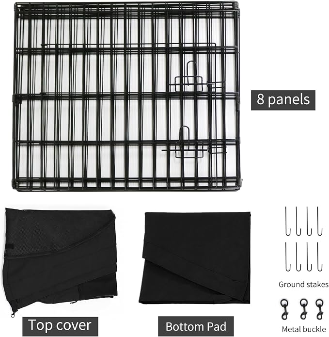 PETIME Foldable Metal Dog Exercise Pen/Pet Puppy Playpen Kennels Yard Fence Indoor/Outdoor 8 Panel 24" W x 30" H with Top Cover and Bottom Pad