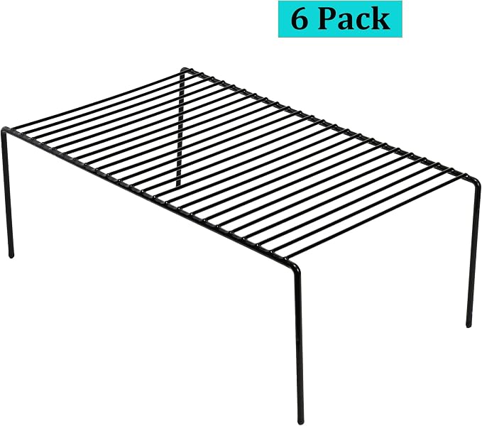 Set of 6 Large (15.7 x 9.4 Inch) Kitchen Cupboard Organiser, Freezer Cabinet Storage Metal Shelf Wire Rack, Rustproof Steel Shelves for Fridge Pantries Countertops Utensils, Black