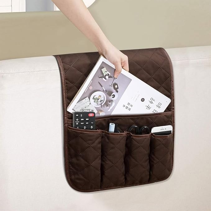 Armchair Caddy for Recliner, Non Slip Sofa Arm Organizer, Coffee | 5-Pocket Recliner Armrest Organizer, Couch Side Storage Holder for Remotes, Cell Phone, Magazines & Tablets, Machine Washable