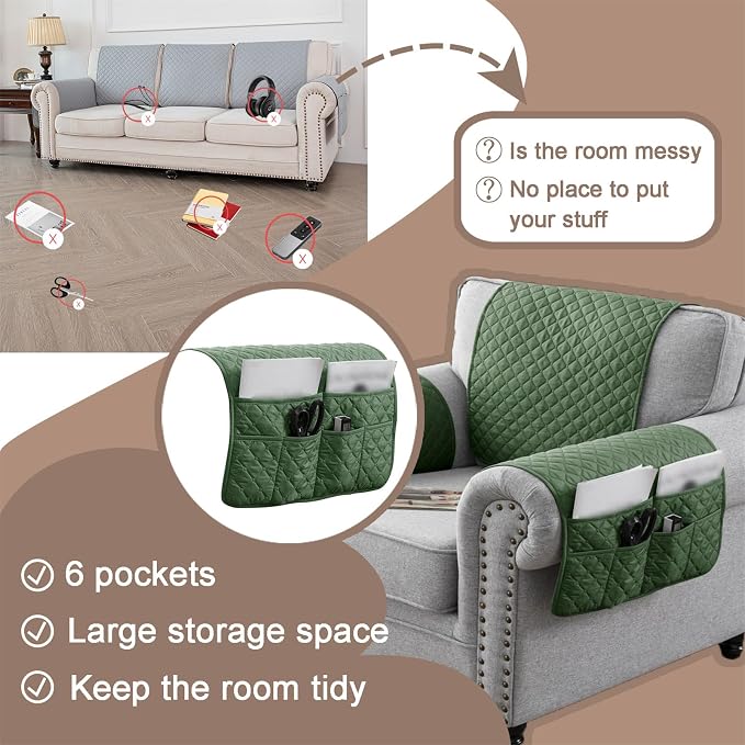 Water-Resistant Sofa Armrest and Headrest Covers with Side Pocket | Keep remotes close quilted polyester helps guard against wear, pet scratches, and kids' messes silicone backing adds grip