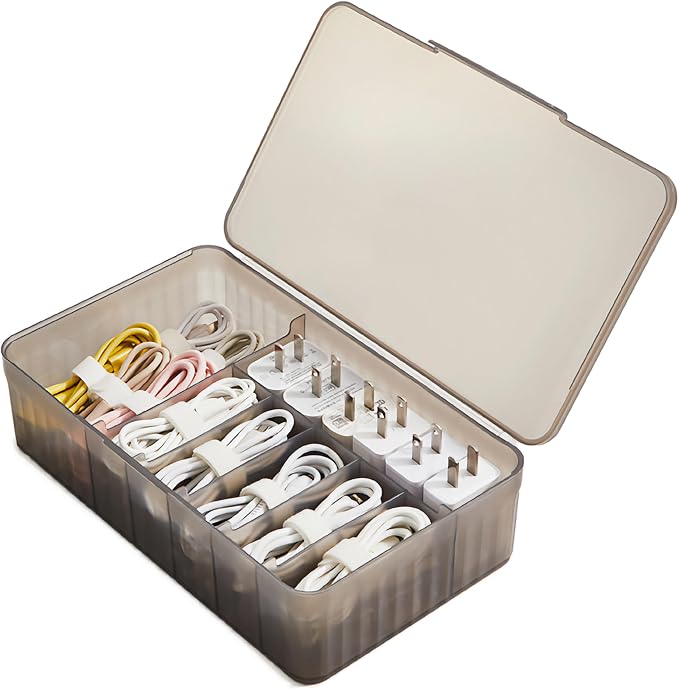 Cable Organizer Box Extra Wide, Travel Charger Cord Earphone Storage Case with Lid (Translucent Black)