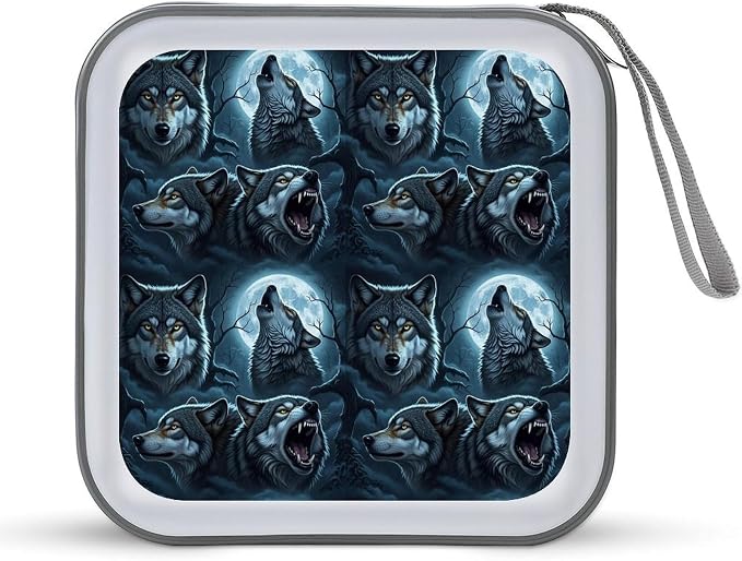 Portable 40-Disc CD Storage Binder Moon Wolf, Hard Case Wallet with Handle, Protective Organizer for Movies Music Travel