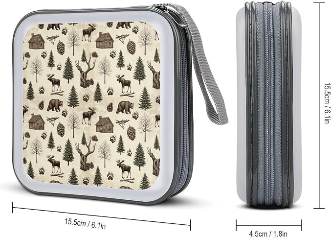 Hard Shell DVD Storage Binder Farmhouse Country Antique Bear Moose Vintage Wood Rustic Cabin, Holds 40 Discs, Portable Wallet with Carry Handle, Organizer for Car Home Office
