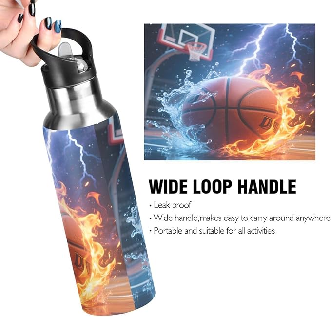 Basketball Fire Lightning Water Bottle with Straw Lid Kids Insulated Stainless Steel Water Flask Sports, 20 Oz Hot Cold