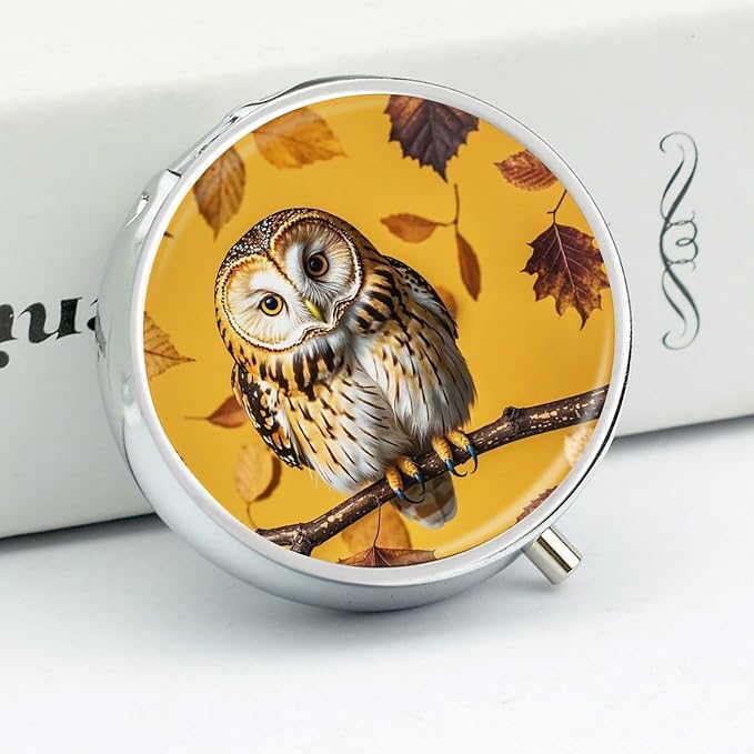 3 Compartment Medicine Pill Case, Owl Branch Round Pill Box, Portable Decorative Medicine Organizer for Pocket Or Purse Vitamin Organize