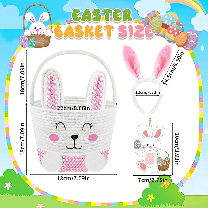 Easter Basket for Girls Kids - Pink Small Woven Bunny Egg Basket with Bunny Ears Headband Name Tag Empty Personalized Easter Gifts Baskets to Fill for Baby Toddler 8.7" x 7.1" x 7.1"