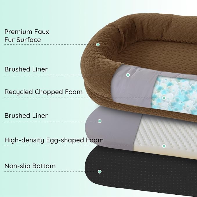 ChiXnuggle Orthopedic Human Dog Bed,with Faux Fur Washable Cover,Blanket | brown,72*40*10,giant dog bed for adult or extra large dogs,egg crate foam,non-slip bottom