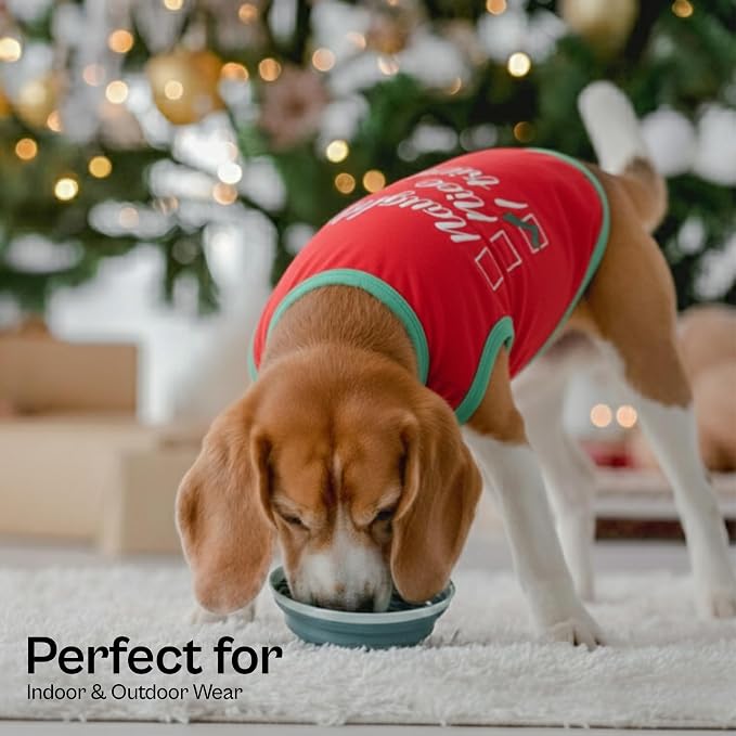 Parisian Pet Dog Christmas Tshirt - Embroidered “ Naughty Or Nice “ Dog Shirt - Lightweight Cotton Puppy Christmas Outfit - Sleeveless Funny Pet Clothes - Shirts for Small Dogs - XS