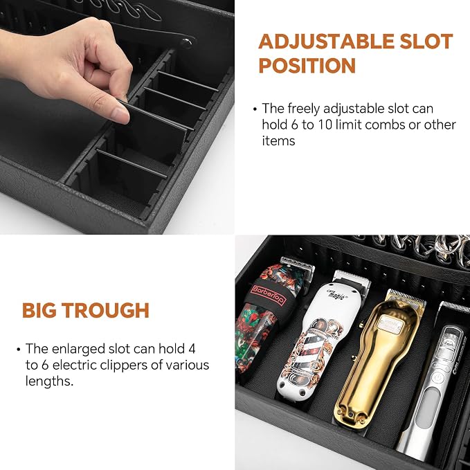 Barber Organizer Tray, 13.9 x 11.2 x 4.4 inch Adjustable Station for Clippers & Guards Scissors, Multifunctional Non-slip Barber&Salon Hair Tools Holder, with PU Leather Exterior Hairdressing Case