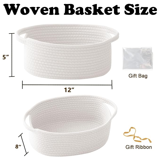 White Woven Rope Basket - Baby Gift Basket with Bag & Ribbon | Cotton rope with handle, 12 x 8 x 5 in, gift bag and ribbon, for baby shower, birthday, toy storage, nursery, shelf decor