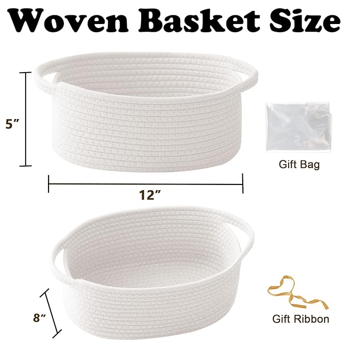 White Small Woven Rope Basket with Handles | Empty Gifts Basket with Bag and Ribbons, Cute Handle Organizer Box, Birthday/Baby Shower, Toy Storage