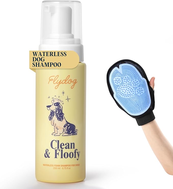 Clean and Floofy Dry Dog Shampoo with Glove – No Rinse Spray Foam, Anti-Itch, Odor Control, Moisturizing & Conditioning, Hydrating, Detangling, Sulfate-Free Waterless Pet Bath Wash for Dogs & Puppies