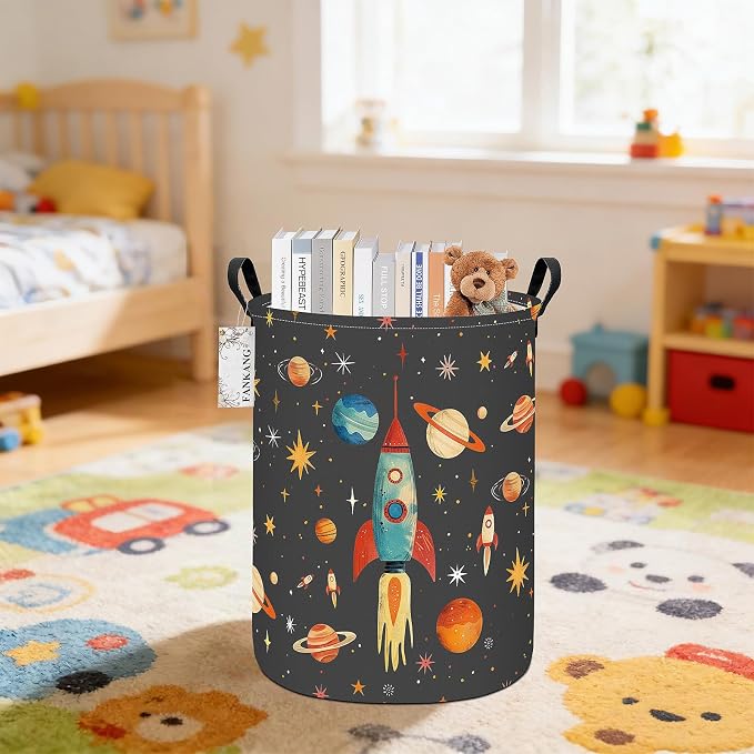 Space rocket Storage Bin Foldable Nursery Basket | Foldable with Waterproof PE Coating Organizer Bin for Kids Boys and Girls,Office,Bedroom,Clothes