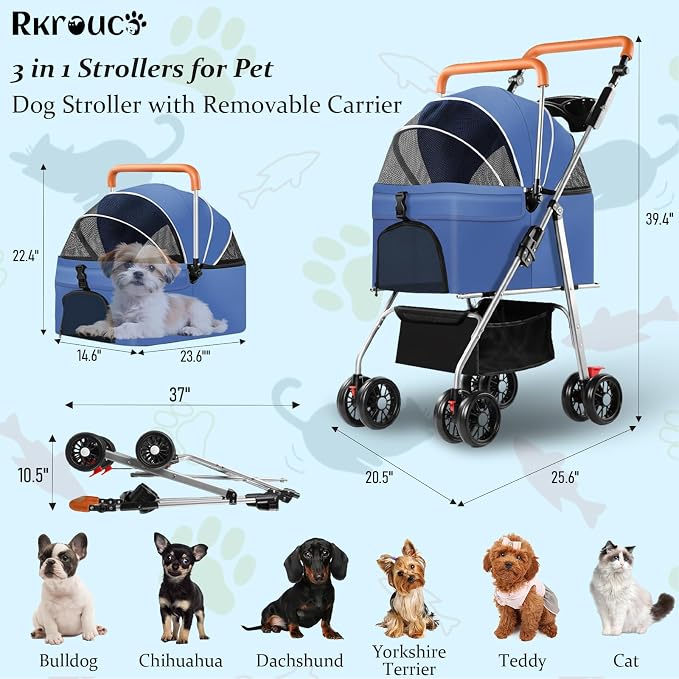 3 in 1 Pet Stroller for Dogs Cats Foldable Jogger with Detachable Carrier