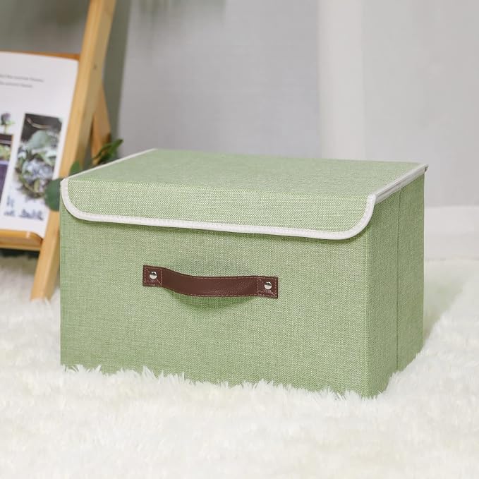 ANMINY Fabric Storage Box Bins with Lids, Green, 15"x10"x10" | Keepsake Memory Storage, Cotton Linen, PP Board Reinforced, Washable, PU Handles, Foldable & Stackable, Decorative, Large