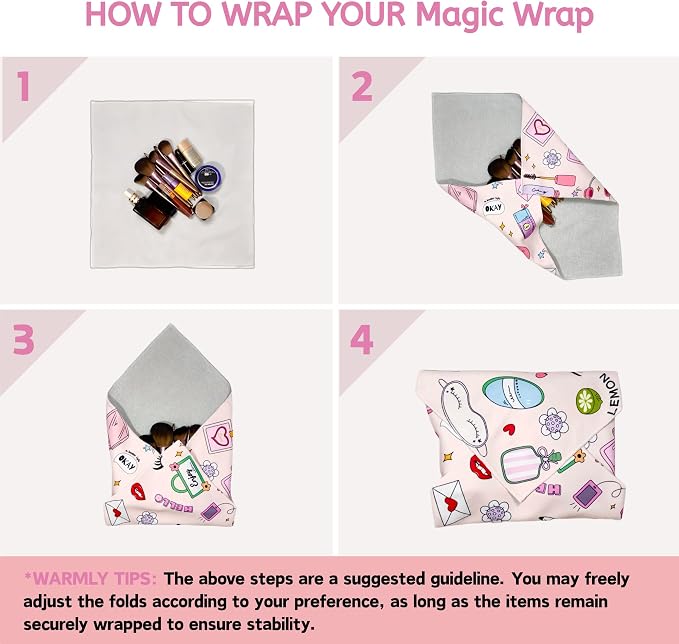 Self-Adhesive Magic Cloth Makeup Bag & Multi-Use Organizer|17.7"x17.7" Portable Travel Cosmetic Bag, Camera Lens Protector, Laptop Sleeve|Beauty Cuties Design Reusable Washable Storage Wrap