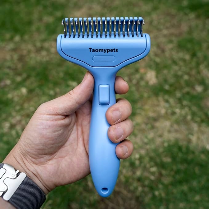 Self Cleaning Grooming Rake Brush for Shedding Gently Removes Loose Undercoat Mats Tangled Deshedding Grooming Tool for Dogs Cats Extra Wide (Blue)