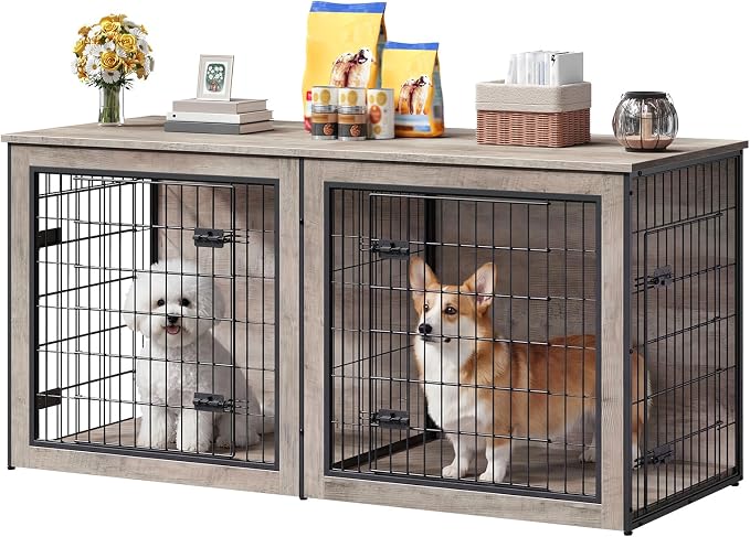 HOOBRO Dog Crate Furniture for 2 Dogs, 63" Large Double Dog Crate Furniture with Divider, Wooden Indoor Kennel TV Stand for Medium Large Dogs, Greige and Black BG55GW03