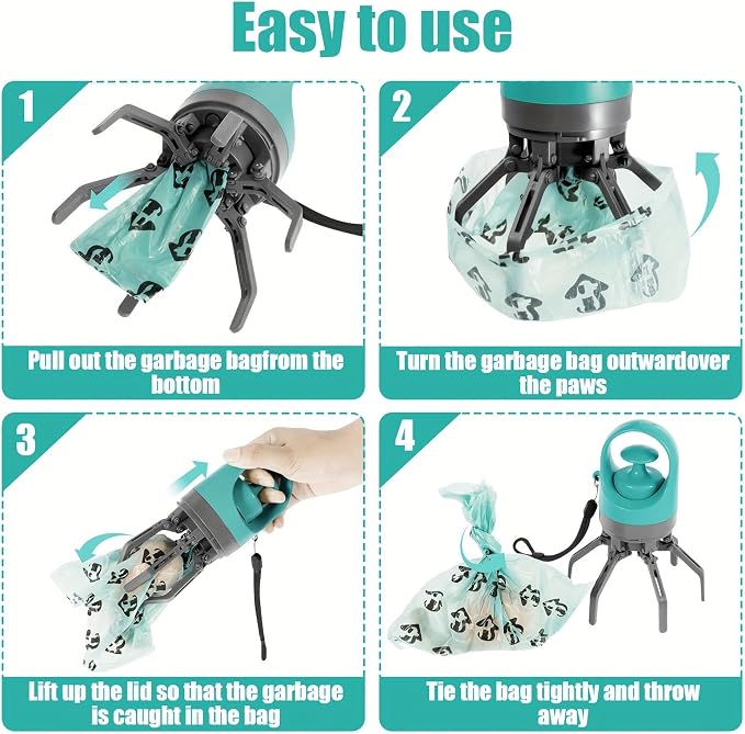 Pooper Scooper for Small Dogs, Portable No‑Touch Waste Picker with Built‑In Bag Dispenser 1 Roll 15PCS Bags, One‑Handed Claw Grabber, Leak‑Resistant Storage for Small, Medium Dogs & Small Pets