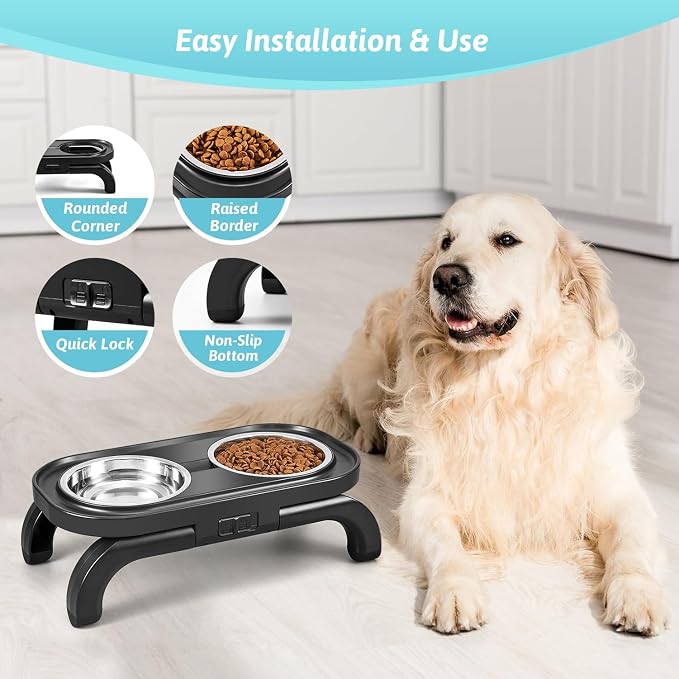 Elevated Dog Bowls, Heighth Adjustable Raised Dog Bowl Stand with Stainless Steel No Spill Water Bowl and Non-Slip Food Bowl, Metal Dog Feeding Station for Small and Medium Dogs & Cats, Black