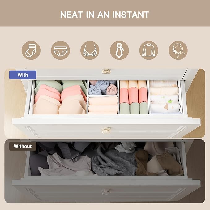 Drawer Organizer Clothes, 10 Pack Dresser Organizer for Baby Clothes, Underwear, Sock- Foldable Closet Organization and Storage Dividers Bins for Nursery, Bedroom (White)