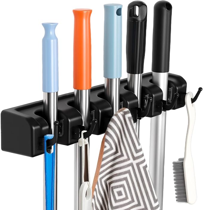 InPoTo Wall Mount Broom Holder 5 Slots 6 Hooks Mop Organizer Rack | Heavy Duty Construction -35 LBS Capacity, 5 Spring-loaded Ball Slots With Anti-Skid Rubber,Easy Installation ,Space Saving