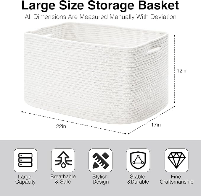 ICERZCZ Large Rectangle Blanket Basket, Large Storage Basket, Cotton Rope Woven Baskets for Storage with Handles, Toy Baskets for Baby Nursery Living Room Bedroom, 22”x17”x12”, White, 75L